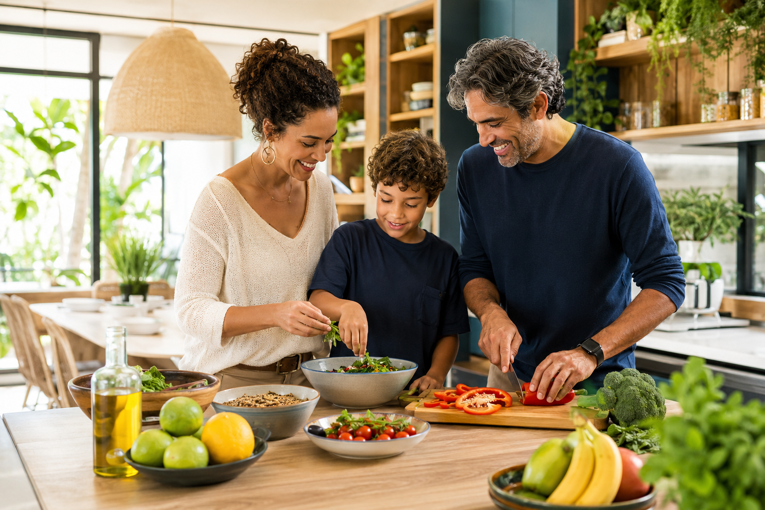 Família preparando uma refeição saudável