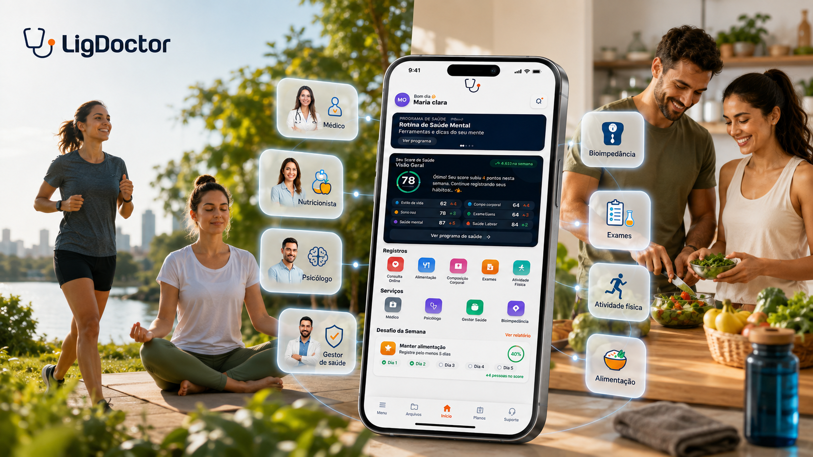 Aplicativo LigDoctor com médico, nutricionista, psicólogo, exames, bioimpedância, atividade física e alimentação